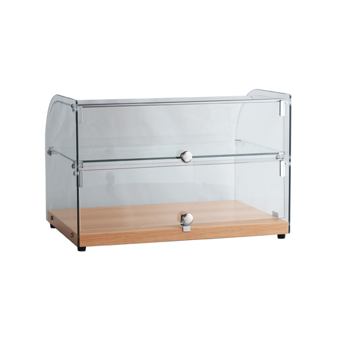 Exquisite Two Tiers Curved Glass Ambient Cake Display – Elegant Walnut - CD45-W