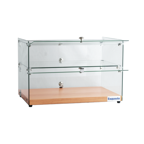 Exquisite Two Tiers Flat Glass Ambient Cake Display – Elegant Walnut - CD50-W