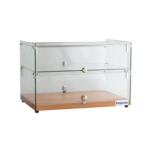 Exquisite Two Tiers Flat Glass Ambient Cake Display – Natural Oak - CD50-O