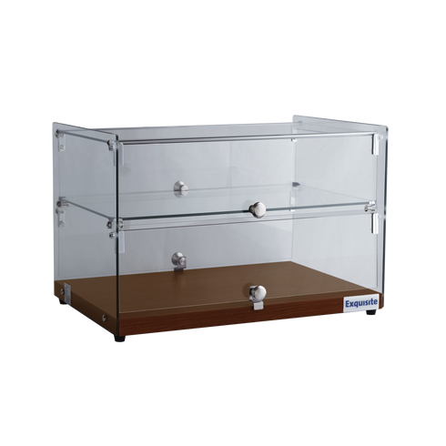 Exquisite Two Tiers Flat Glass Ambient Cake Display – Elegant Walnut - CD50-W