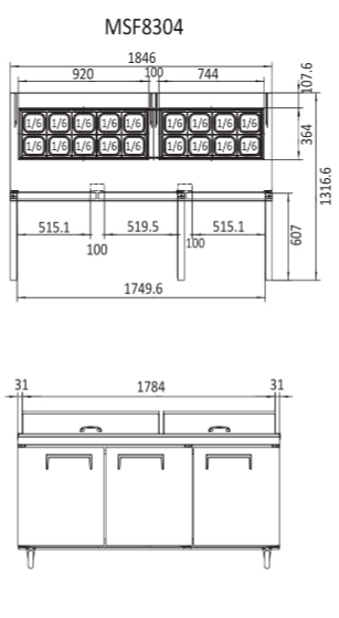 Atosa Sandwich Prep Table 3 Door Refrigerator 598L - MSF8304