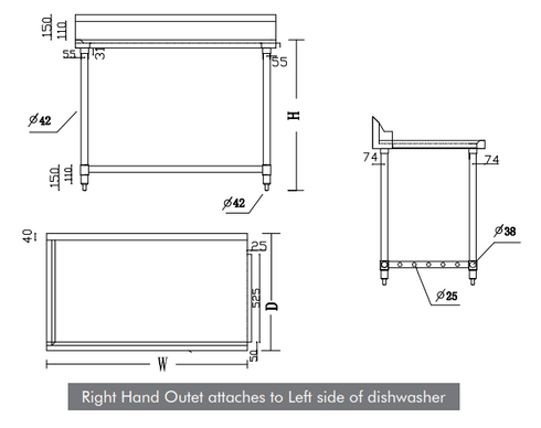 FED All Stainless Steel Dishwasher Bench Right Outlet WBBD7-1800R/A