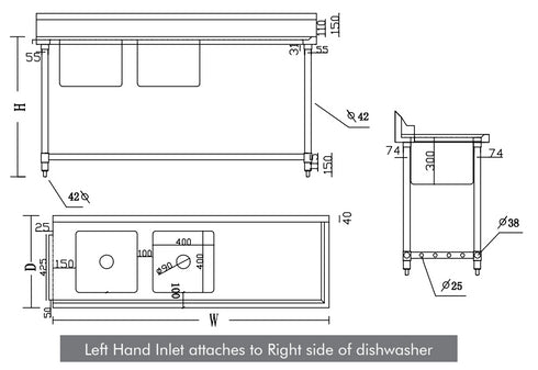 FED Left Inlet Double Sink Dishwasher Bench DSBD7-1500L/A