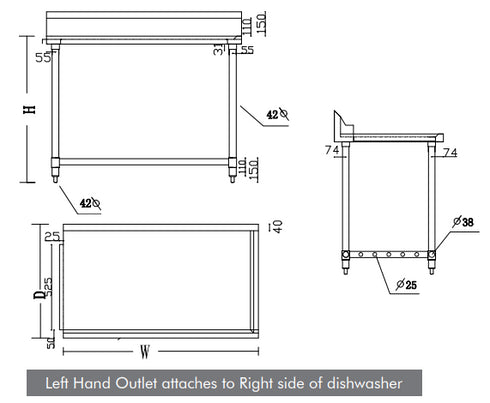 FED All Stainless Steel Dishwasher Bench Left Outlet WBBD7-0600L/A