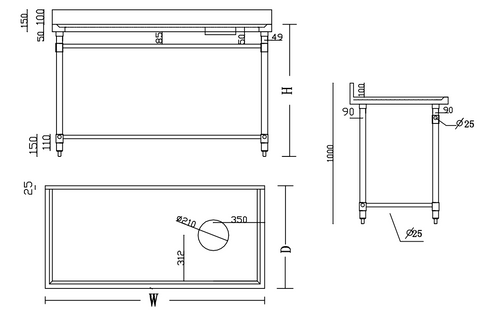 FED High Quality Stainless Steel Bench with Splashback SWCB-7-1200R