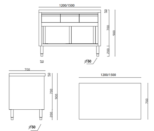 FED Kitchen Tidy Workbench Cabinet w/ Doors & 3 Drawers SKTD-1500