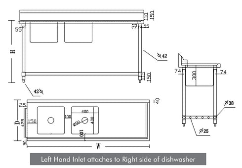FED Left Inlet Double Sink Dishwasher Bench - DSBD7-1800L/A