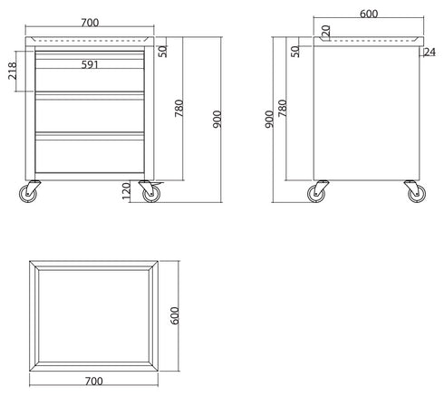 FED Stainless Steel Mobile Work Stand with 3 Drawers MDS-6-700