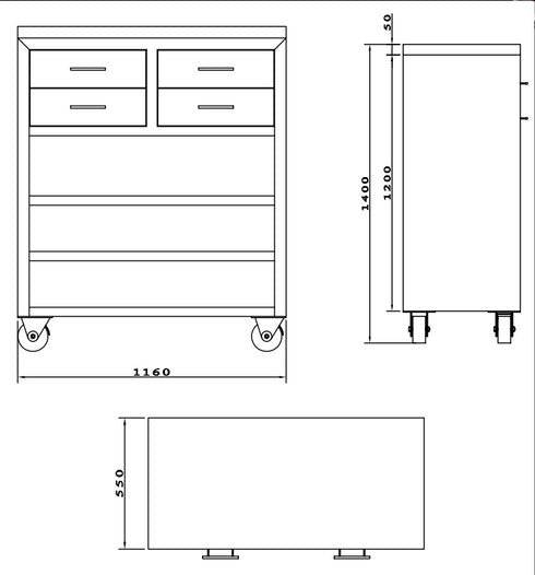 FED Stainless Steel Mobile cabinet with 4 Drawers and 3 Shelves - MS116