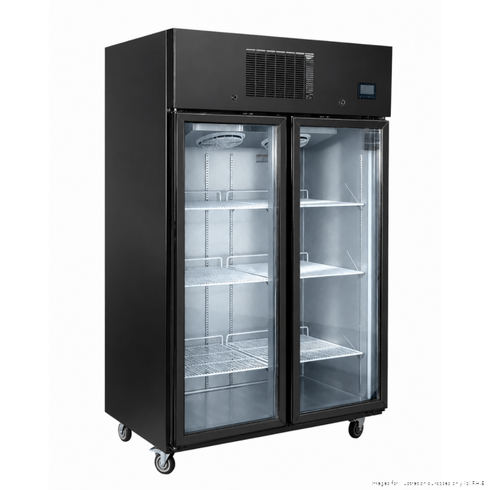 THERMASTER 1000L Full-Width Double Black Glass Door Upright Display Fridge — SFWCG1000B