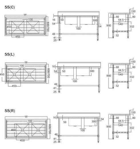 Mixrite Double Sink Bench - W1800 X D700 X H900 - SS2718R