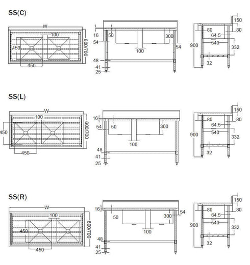 Mixrite Double Sink Bench W1500 X D700 X H900 - SS2715C