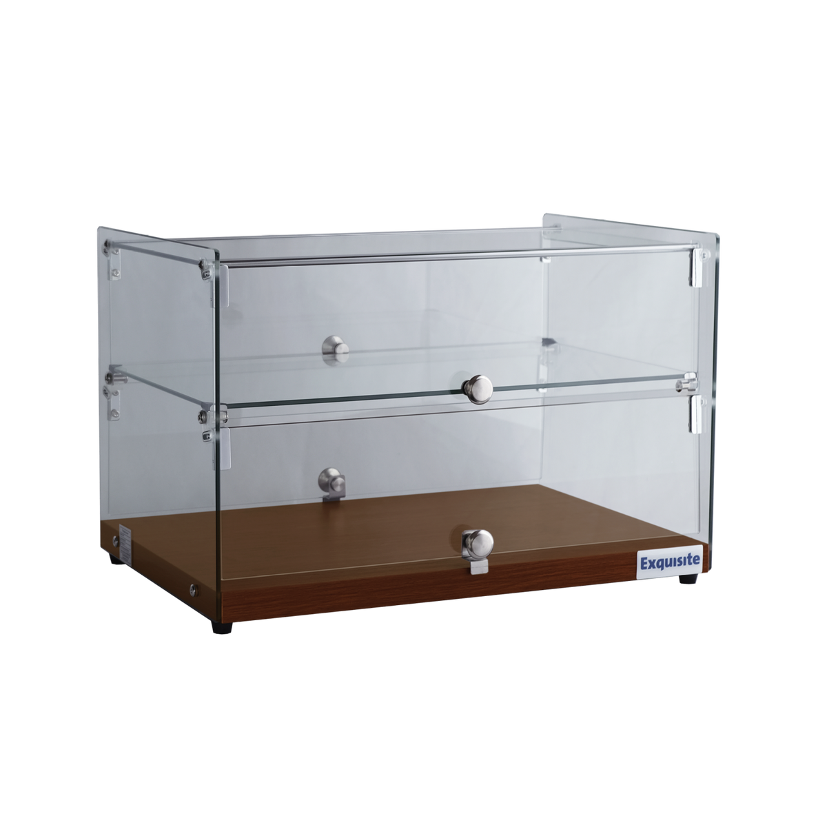 Exquisite Two Tiers Flat Glass Ambient Cake Display – Elegant Walnut